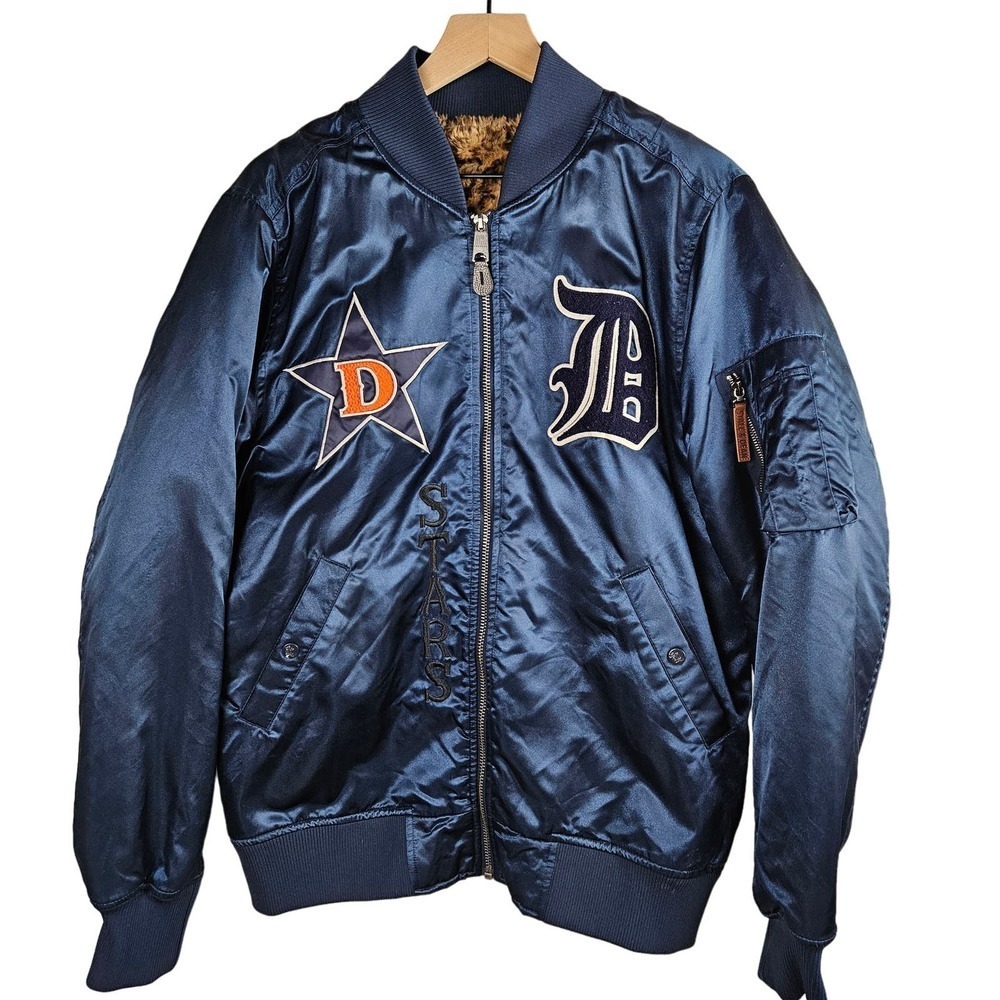 Stall & Dean Detroit Stars Negro‎ League Bomber Jacket XL Blue Satin Baseball